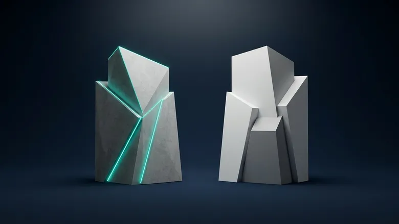 Two geometric structures side by side representing Claude AI and ChatGPT comparison