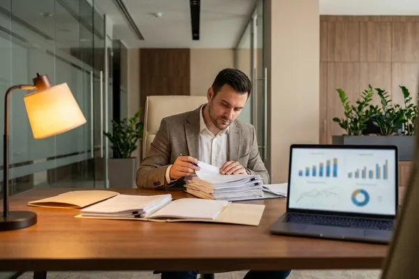 Mortgage loan officer reviewing loan documents at their desk
