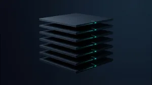 Stacked geometric planes suggesting financial document processing infrastructure