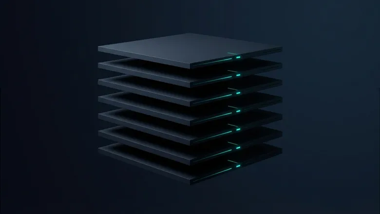 Stacked geometric planes suggesting financial document processing infrastructure