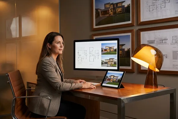 Real estate agent reviewing property listings on a monitor