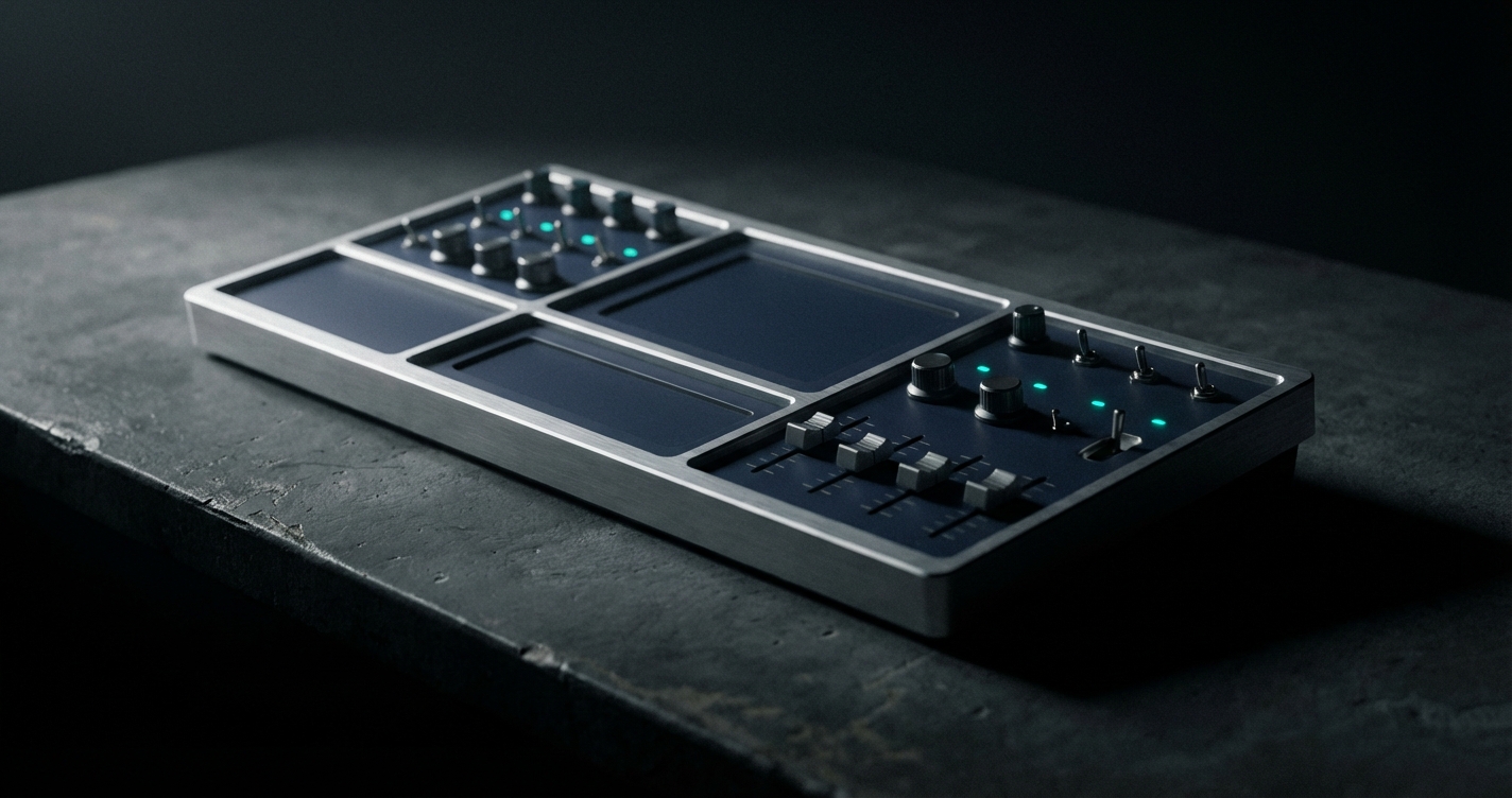 Dashboard-like geometric layout with segmented panels representing AI operations management
