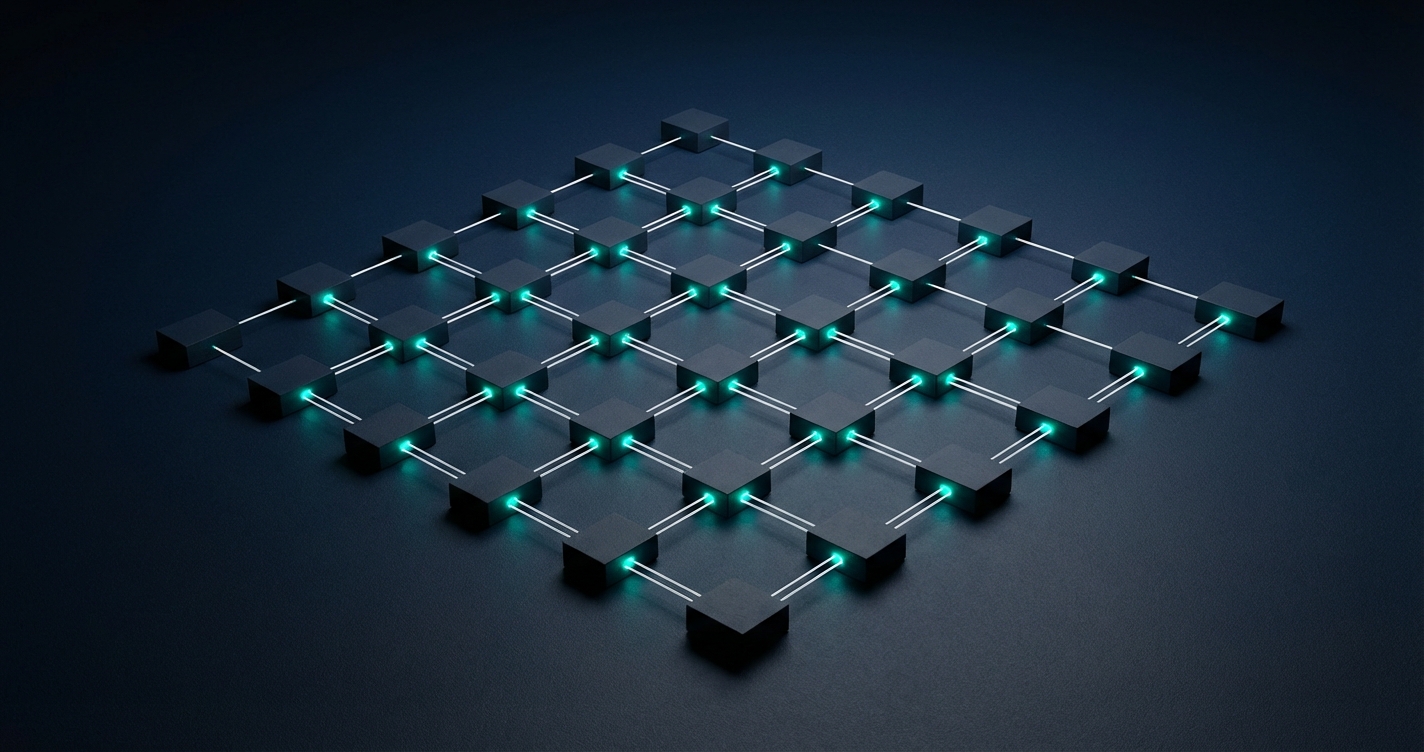 Network of connected nodes in a grid pattern representing insurance agency workflows