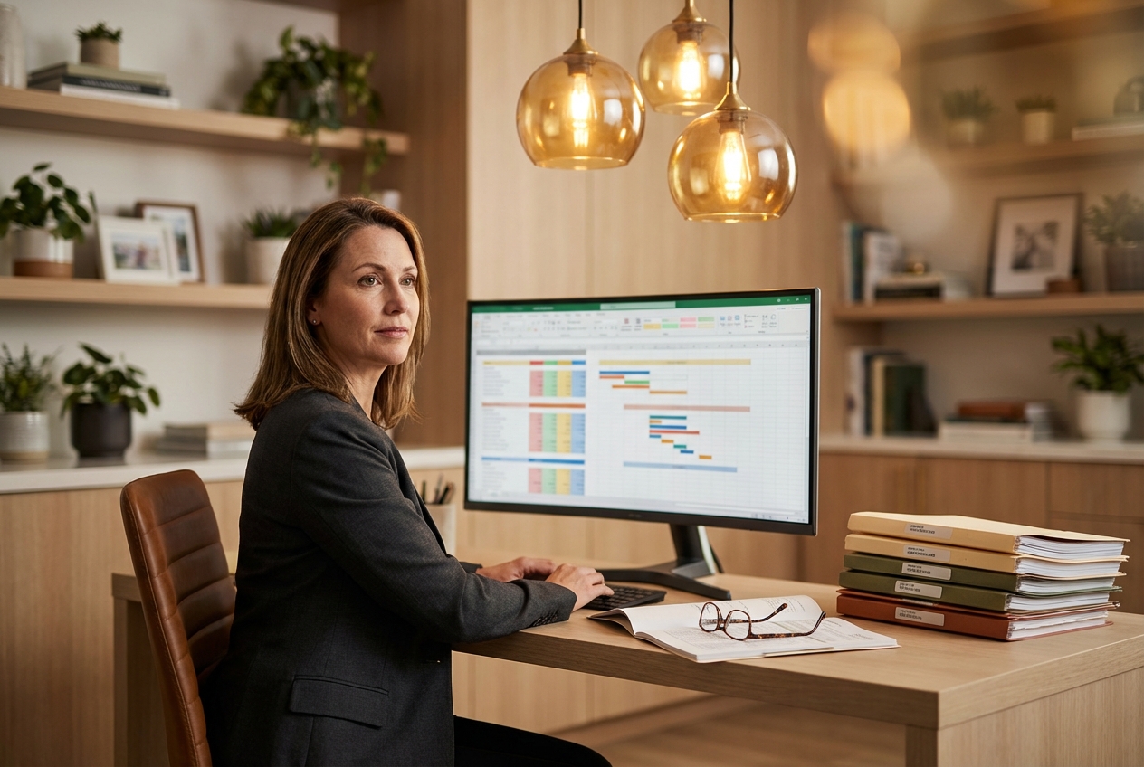 Professional accountant reviewing financial documents in a warm modern office