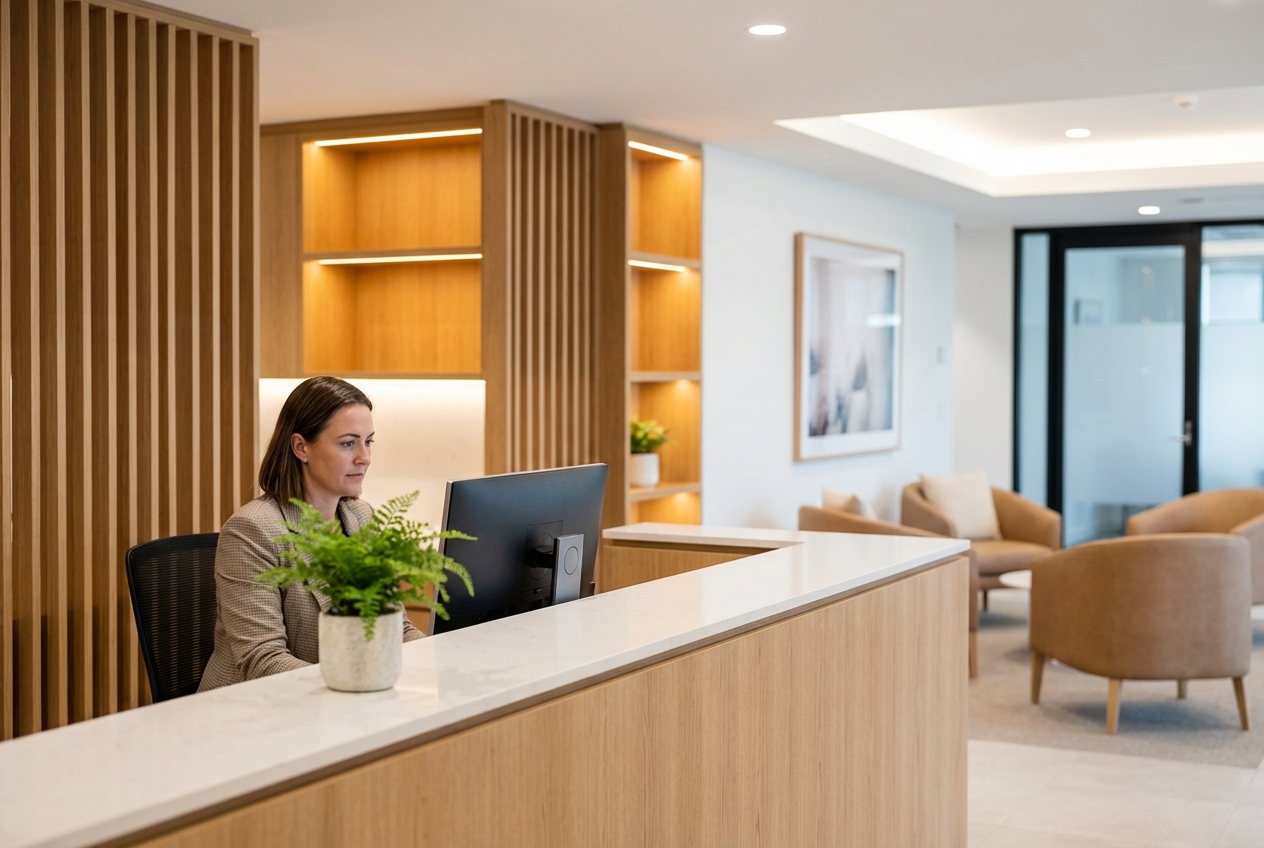 Medical practice administrator at reception desk reviewing patient records