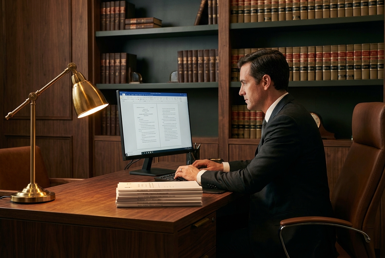 Attorney reviewing case documents in a law office with bookshelves