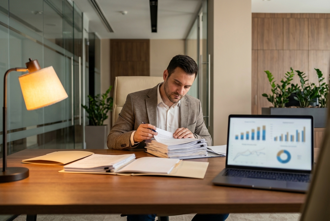 Mortgage loan officer reviewing loan documents at their desk