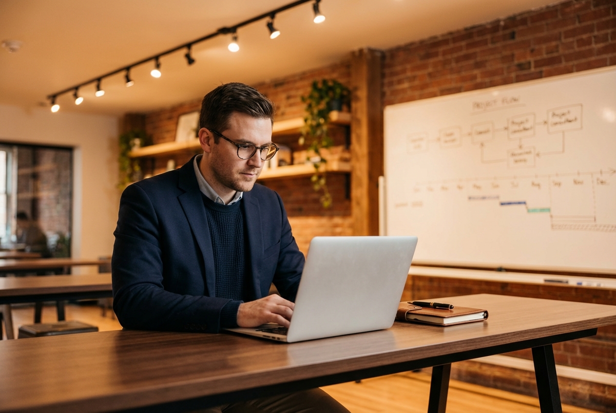 Professional consultant working on projects in a modern office