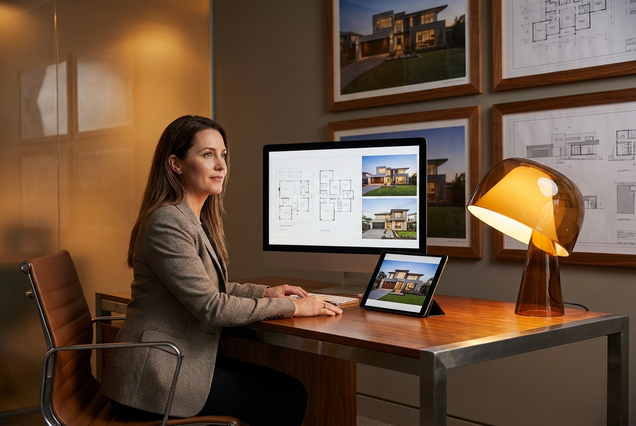 Real estate agent reviewing property listings on a monitor