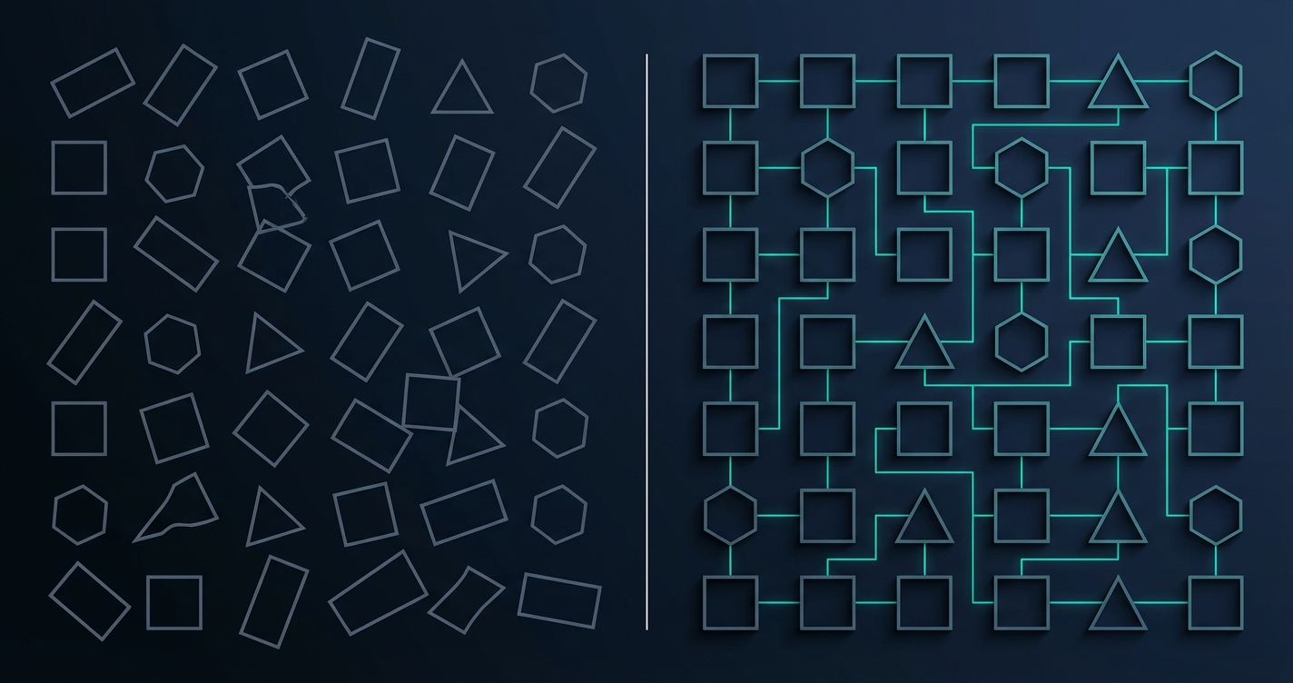 Before and after RunFrame deployment showing disconnected tools becoming an organized connected system