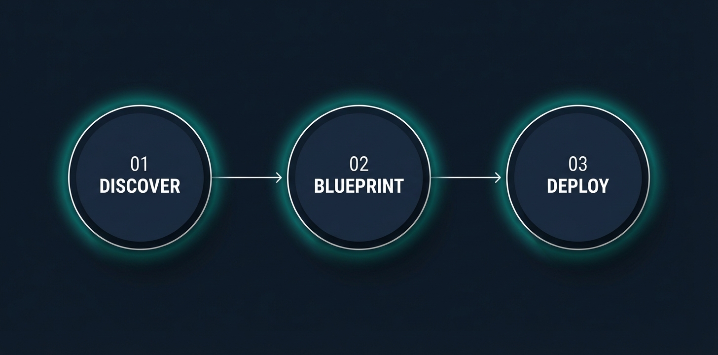 RunFrame deployment process: Week 1 Discovery, Week 2 Blueprint, Weeks 3-4 Build and Deploy, Ongoing Fractional AI Ops